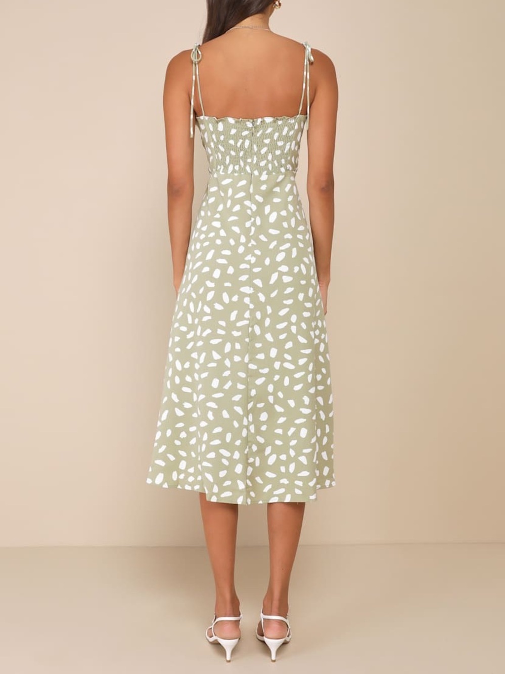 Lulus | Party in Paris Sage Green Print Tie-Strap Midi Dress - Picture 3 of 12